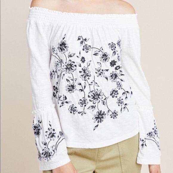 Anthropologie Tops - A By Anthropologie WHITE Off Shoulder Black Floral Embroidered Cottagecore Top